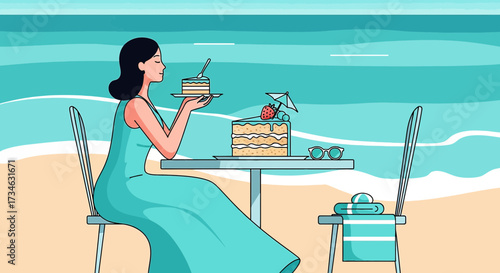Elegant woman enjoying cake on a tranquil beachside setting illustration concept design