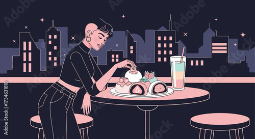 Elegant woman enjoys sweet treats at a rooftop cafe with a stunning city skyline view