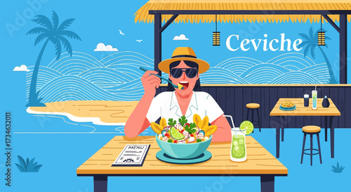 Enjoying a Refreshing Ceviche Dish at a Tropical Beach Restaurant Setting Illustration