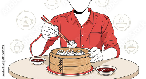 Enjoying a traditional dim sum meal with chopsticks in a cozy restaurant setting