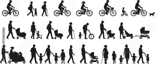 Family silhouettes walking, biking, pushing strollers with kids and pets — black vector set ideal for parenting, lifestyle, advertising, and design projects