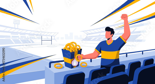 Enthusiastic fan cheers with onion rings at rugby stadium showcasing support and excitement during