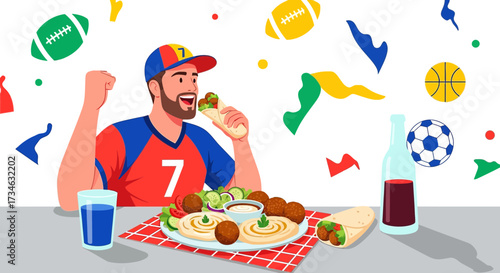 Enthusiastic sports fan enjoying Middle Eastern food while celebrating a game victory