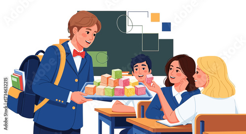 Enthusiastic student shares sweets with classmates in a classroom setting illustration