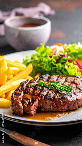 Close-up of a grilled beef steak served with french fries and fresh salad on a plate. Delicious gourmet meal for dinner or lunch, concept of tasty and balanced cuisine.