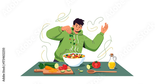 Enthusiastic young man prepares vibrant vegetable salad with fresh ingredients at home