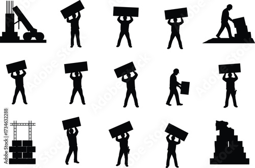 Worker, Builder, Mason, Labor, Job, Safety, Helmet, Hardhat, Construction, Brick, Block, Wall, Site, Project, Industrial, Contractor, Vector, Icon, Illustration, Silhouette