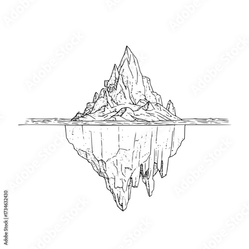Illustration of an iceberg with visible top and submerged portion reflected on the water surface
