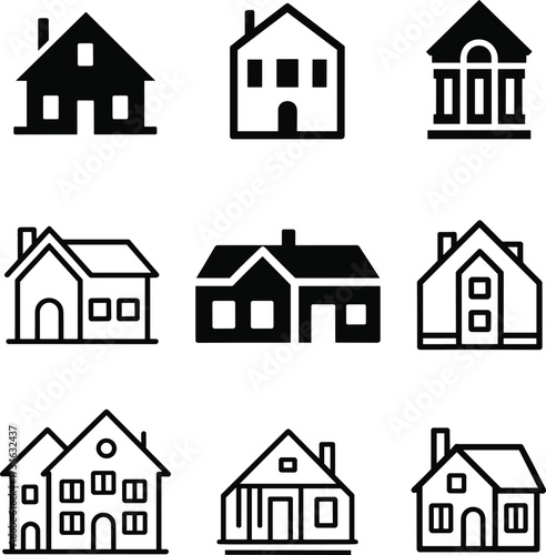 Set of Nine House Icons in Solid and Outline Styles Representing Residential Homes, Bank, Government, and Classical Architectural Structures, Real Estate Vector Illustration Collection.
