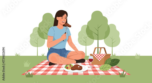 Girl enjoying a picnic with steak and wine in a green park setting illustration