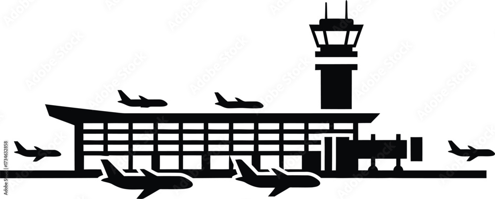 Fototapeta premium Modern airport terminal building with airplanes and control tower silhouette