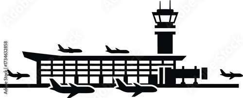 Modern airport terminal building with airplanes and control tower silhouette