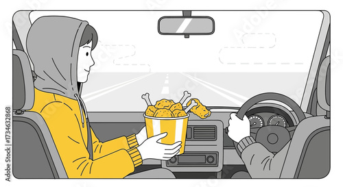 Humorous illustration of a road trip featuring a bucket of fried chicken in the car