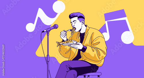 Humorous illustration of a musician eating fish with musical notes in background