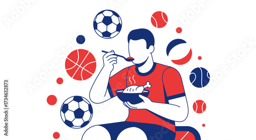 Illustrated Athlete Eating Meal Surrounded by Sports Balls a Balanced Lifestyle Depiction