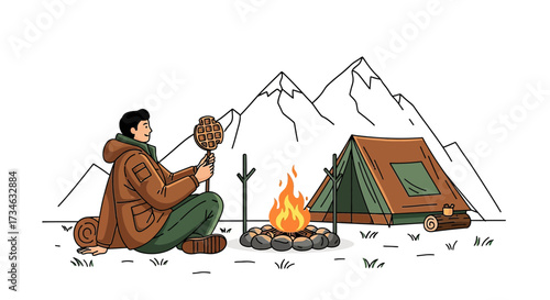 Illustrated camping scene with a man roasting a waffle by a campfire beneath snowy mountains