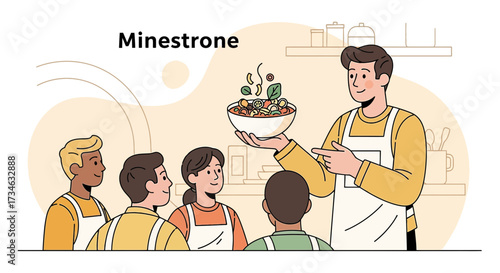 Illustrated cooking class with a chef presenting a bowl of minestrone to students attentively
