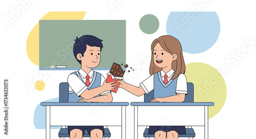 Illustration depicting a girl sharing chocolate with a boy in a classroom setting