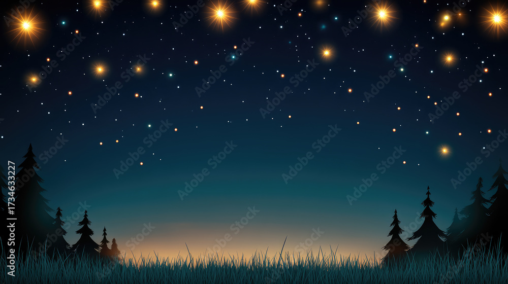 Fototapeta premium starry night sky filled with glowing stars above silhouette of pine trees and grass. landscape evokes sense of wonder and ity