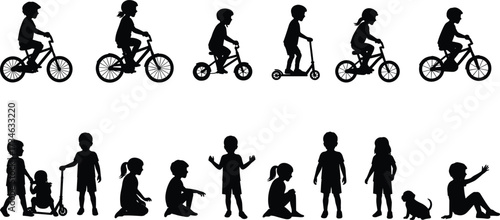 Black silhouette vector set of children riding bikes, scooters, playing outdoors, interacting with pets, ideal for design, education, and advertising projects