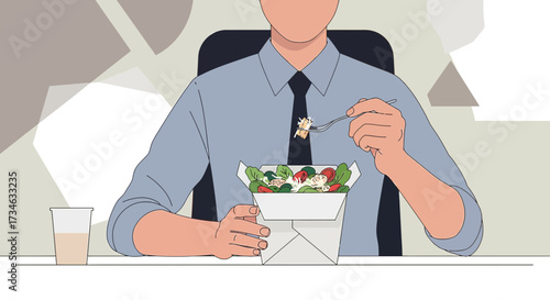 Illustration of a businessman eating a healthy salad at his desk during lunch break minimal vector