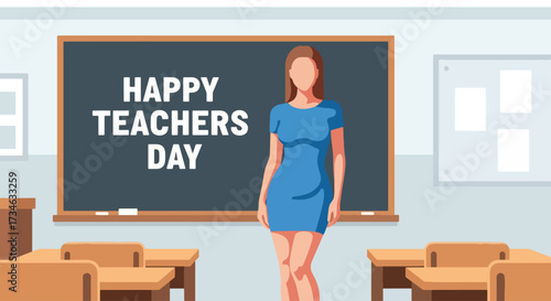 flat style illustration of a smiling teacher standing in a classroom with a chalkboard reading Happy Teacher’s Day, symbolizing education, guidance, appreciation, and learning in an academic