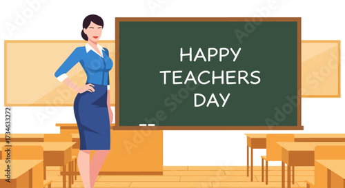 flat style illustration of a smiling teacher standing in a classroom with a chalkboard reading Happy Teacher’s Day, symbolizing education, guidance, appreciation, and learning in an academic