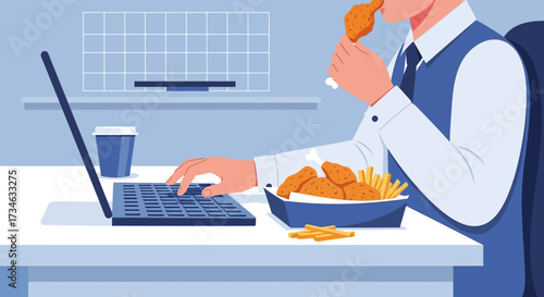Illustration of a businessman eating fast food at his desk while working on his laptop