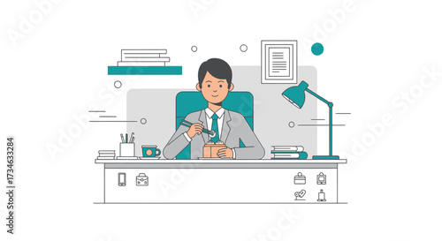 Illustration of a Businessman Eating Lunch at His Desk During a Work Break at the Office