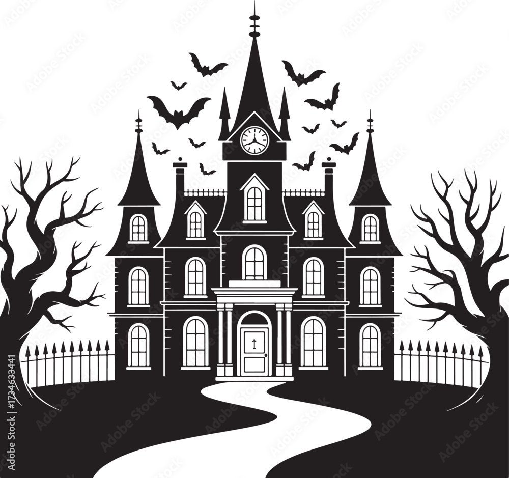 Obraz premium Haunted Blackwood Manor silhouette with moon bats and trees vector.