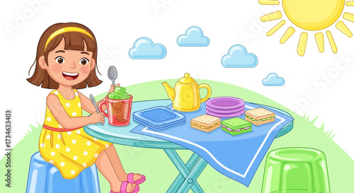 Illustration of a cheerful young girl enjoying a delightful tea party outdoors under the sun