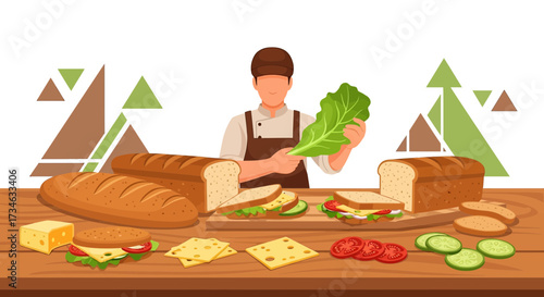 Illustration of a chef preparing sandwiches with bread lettuce tomatoes and cheese displayed on a