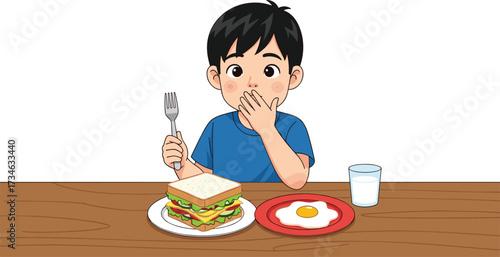 Cartoon illustration of young boy sitting at table with sandwich, fried egg, and glass of milk, enjoying delicious breakfast meal