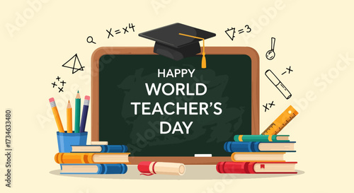 flat style illustration of a chalkboard with books, pencils, and graduation cap celebrating World Teacher’s Day, symbolizing education, knowledge, learning, and global appreciation for teachers