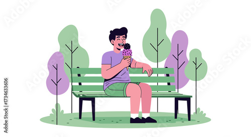 Illustration of a happy man eating ice cream on a bench in a park relaxing summer