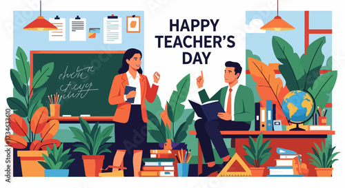 flat style illustration of teachers in a classroom celebrating Teacher’s Day with books, chalkboard, and globe, symbolizing education, learning, and appreciation in a vibrant academic environment