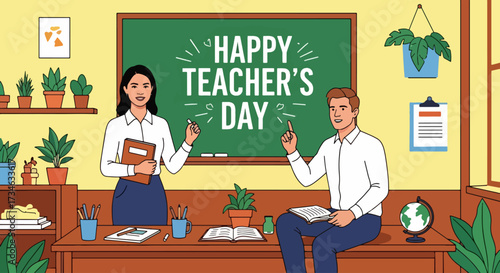 flat style illustration of teachers in a classroom celebrating Teacher’s Day with books, chalkboard, and globe, symbolizing education, learning, and appreciation in a vibrant academic environment