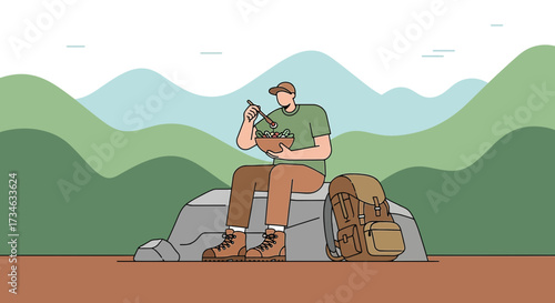 Illustration of a hiker enjoying a salad break in the mountains with a backpack