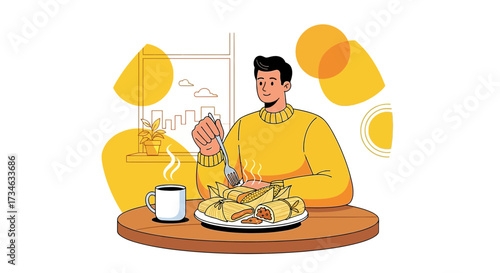 Illustration of a man eating tamales for breakfast with a coffee in morning light
