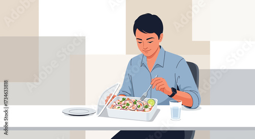 Illustration of a man enjoying ceviche at lunch in a bright and modern office setting