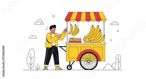 Illustration of a man selling bananas and fried bananas at a street food stall with vintage vibes