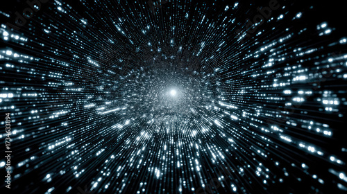 High-speed journey through a glowing data or hyperspace wormhole.  Big Data and digital transformation concept. Abstract network connection moving towards the future.