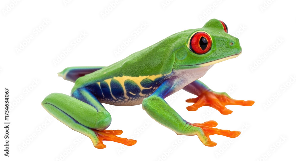 Obraz premium Isolated Red-Eyed Tree Frog Facing Right with Vivid Coloration and Bold Features on Display