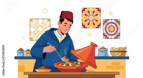 Illustration of a Moroccan man preparing a traditional tagine dish in the kitchen