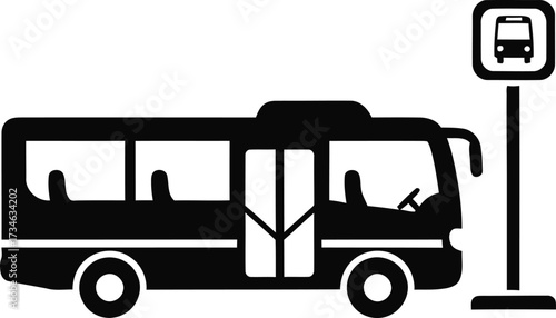 Black silhouette of a bus at a bus stop sign