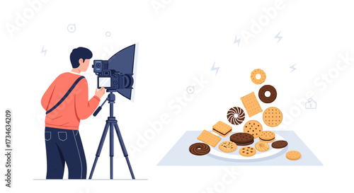 Illustration of a photographer capturing a food still life with cookies and biscuits on a plate