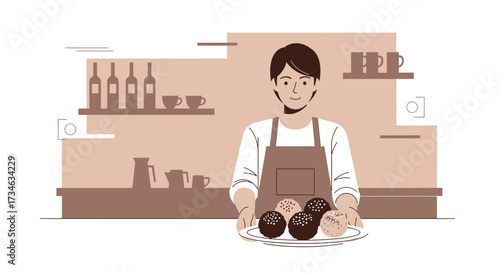 Illustration of a smiling baker holding a plate with dessert in a vintage pastry shop