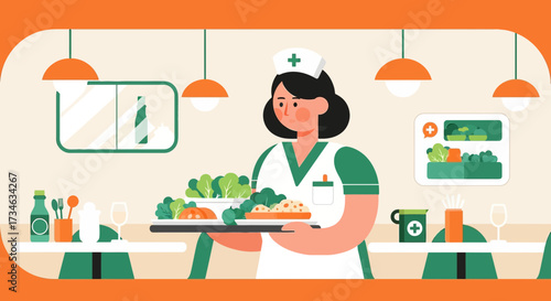 Illustration of a smiling nurse carrying a tray with healthy food in a hospital cafeteria