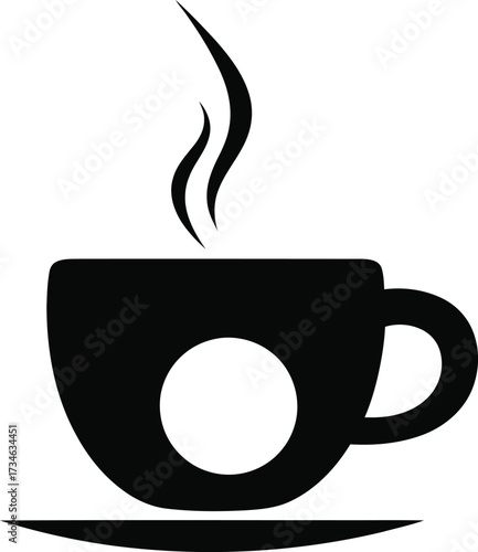 Simple black silhouette icon of a steaming coffee cup on a saucer