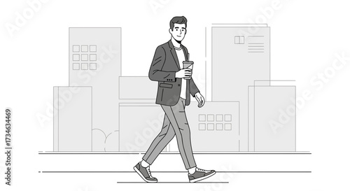 Illustration of a stylish man walking in city street with coffee for urban lifestyle